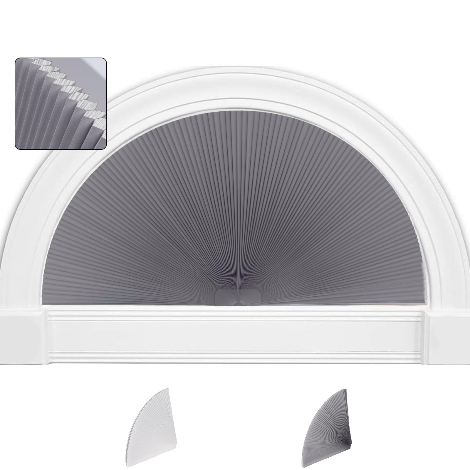 Photo 1 of SEEYE Arch Window Blackout Shades, Pleated Fabric Blind (Radius: 36'') Half Circle Cellular Cordless Semicircular Blinds with No Tools, Half-Round Shade Easy to Cut and Install, Dark Gray-White