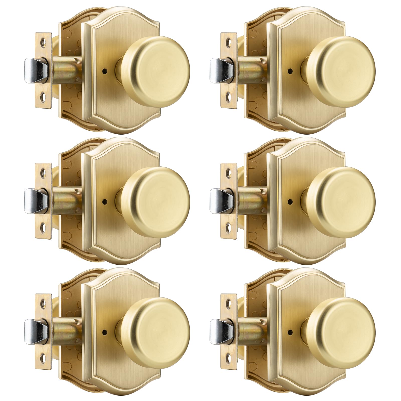 Photo 1 of STARPY 6 Pack Pismo Doorknobs for Bath & Bedroom, Gold Interior Door Knobs with Camelot Trim, Satin Brass Door Knob with Lock