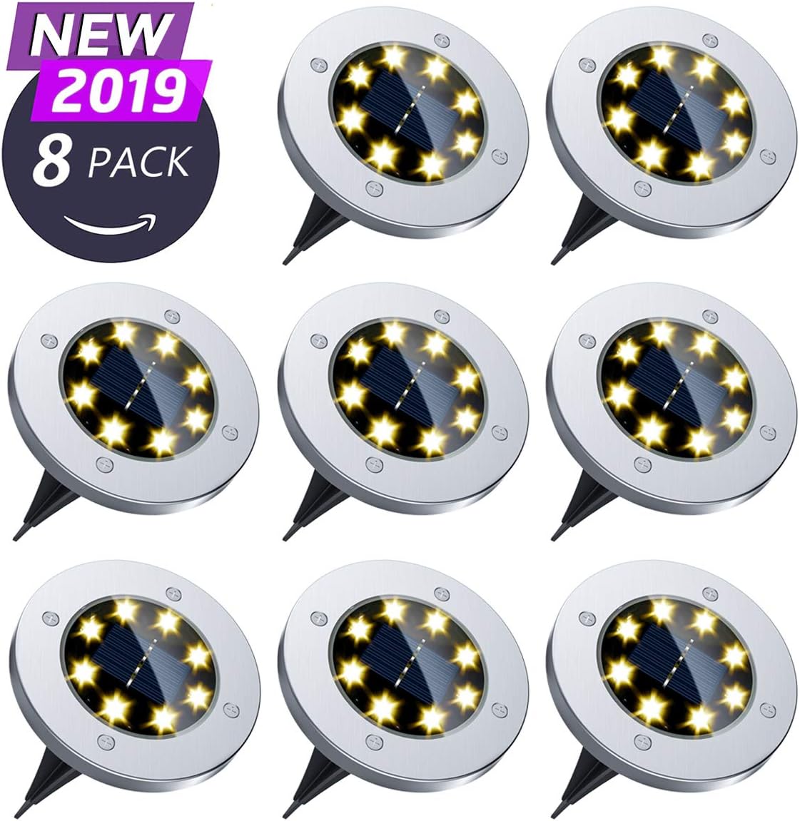 Solar Ground Lights, 8 LED Solar Disk Lights Outdoor Waterproof for Garden Yard Patio Pathway Lawn Driveway Walkway- Warm White (8 Pack)