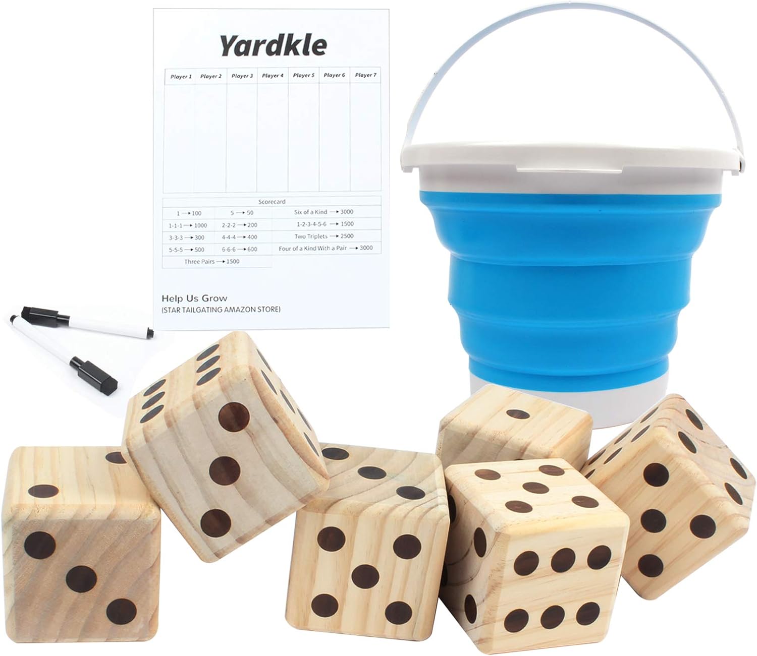 BOTINDO Wooden Yard Dice,Giant 3.5" Standard Game 6Dice Set with 2 Laminated
