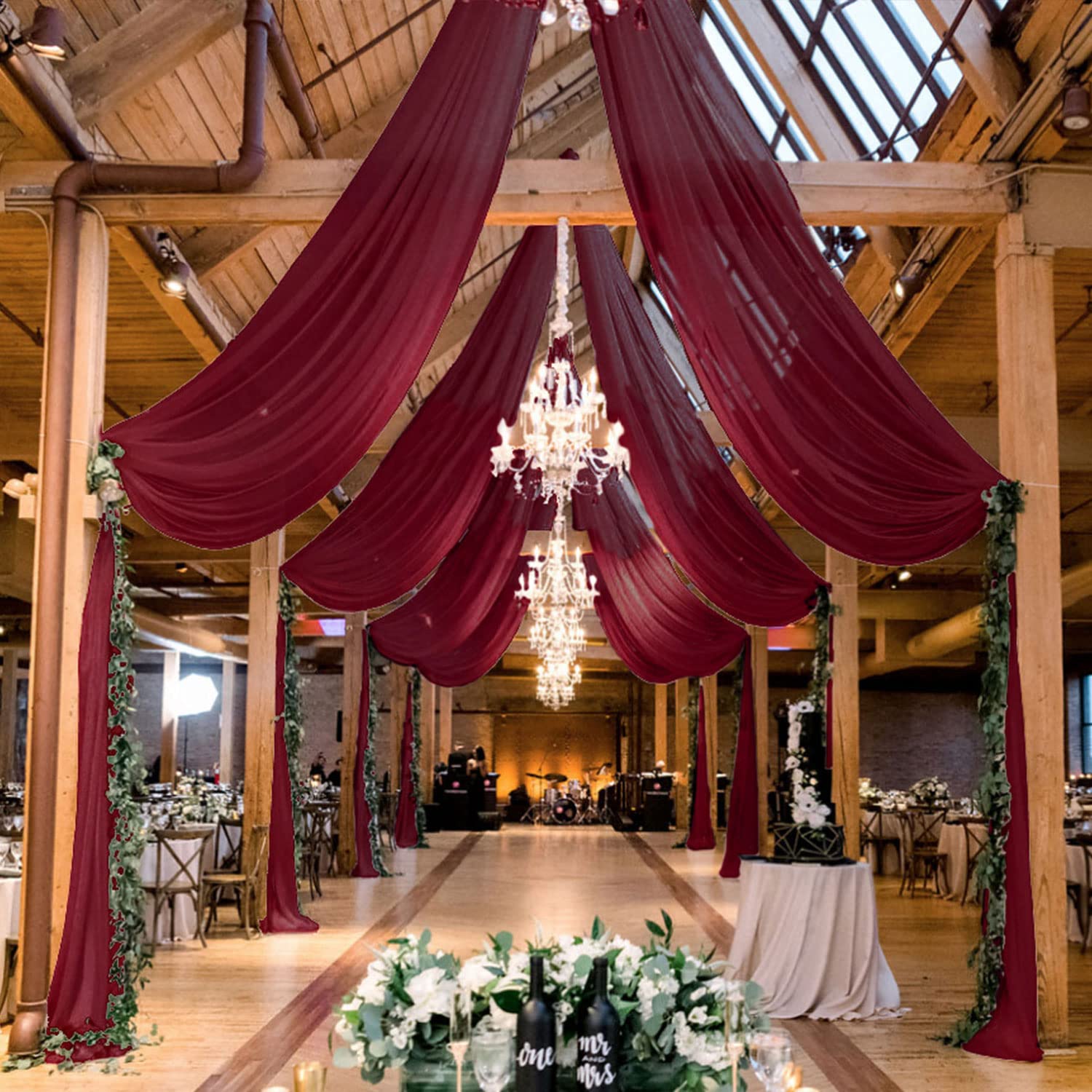 Photo 1 of MODFUNS Burgundy Ceiling Drapes for Weddings 5FTx20FT 2 Panels Sheer Wedding Arch Draping Chiffon Fabric Ceiling Drapery Arbor Archway Drapes Tulle Curtains for Ceremony Swag Wedding Decorations