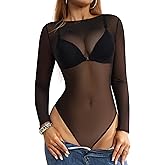 Banamic Mesh Bodysuits for Women Long Sleeve Top Crew Neck Sheer Leotard Blouse