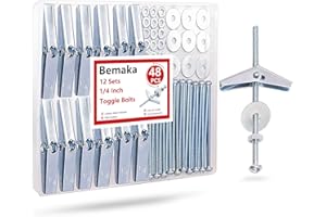 Bemaka 48Pcs 1/4 Inch Toggle Bolts, Butterfly Anchors Heavy Duty Drywall Anchors and Screws Kit, Toggle Bolts and Wing Nut Kit with Nuts Washers for Hollow Wall, Ceiling (12 Sets)