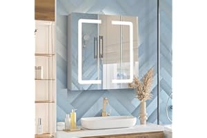 LALAHOO 23.6"x24.5" Bathroom Medicine Cabinet with Mirror, Lights, Defogging, 3-Color Temperature Adjustment & Shelf