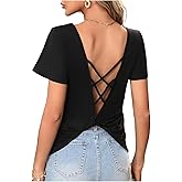 SweatyRocks Women's Twist Backless T Shirt Criss Cross V Neck Short Sleeve Summer Tops