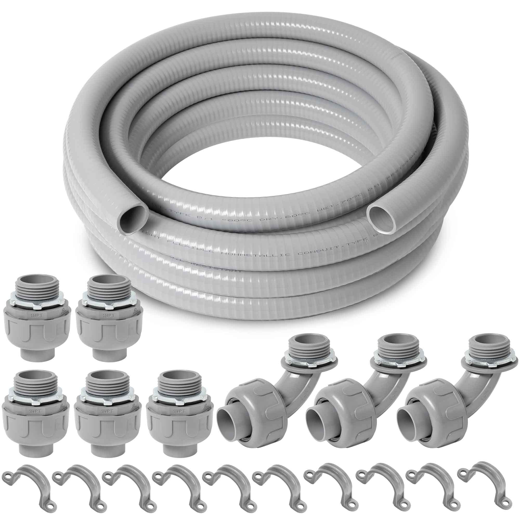 Photo 1 of (1 inch Dia * 50 Feet) Yariwiz Flexible Electrical Conduit Liquid Tight PVC Conduit Kit with 5 PCS Coupling, 3 PCS Elbow and 10 PCS Strap, Sealtight Seal Flex Liquidtight Outdoor Non Metallic Grey