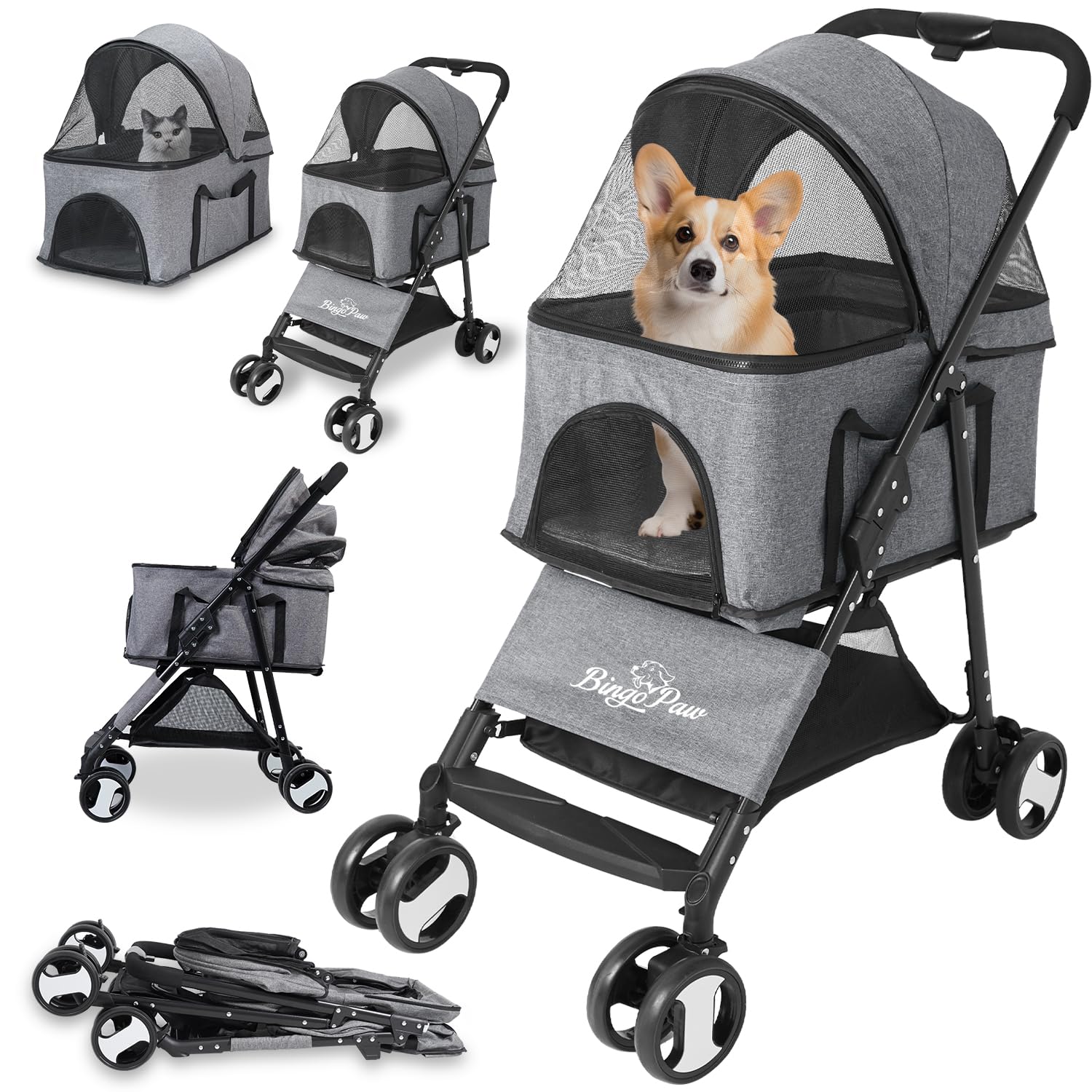 Bingopaw Pet Stroller, Foldable Dog Pram 4 Wheel Kitten Pram for Puppy and Cat with Detachable Blanket and Rain Cover as Gift Loads Up to 20KG