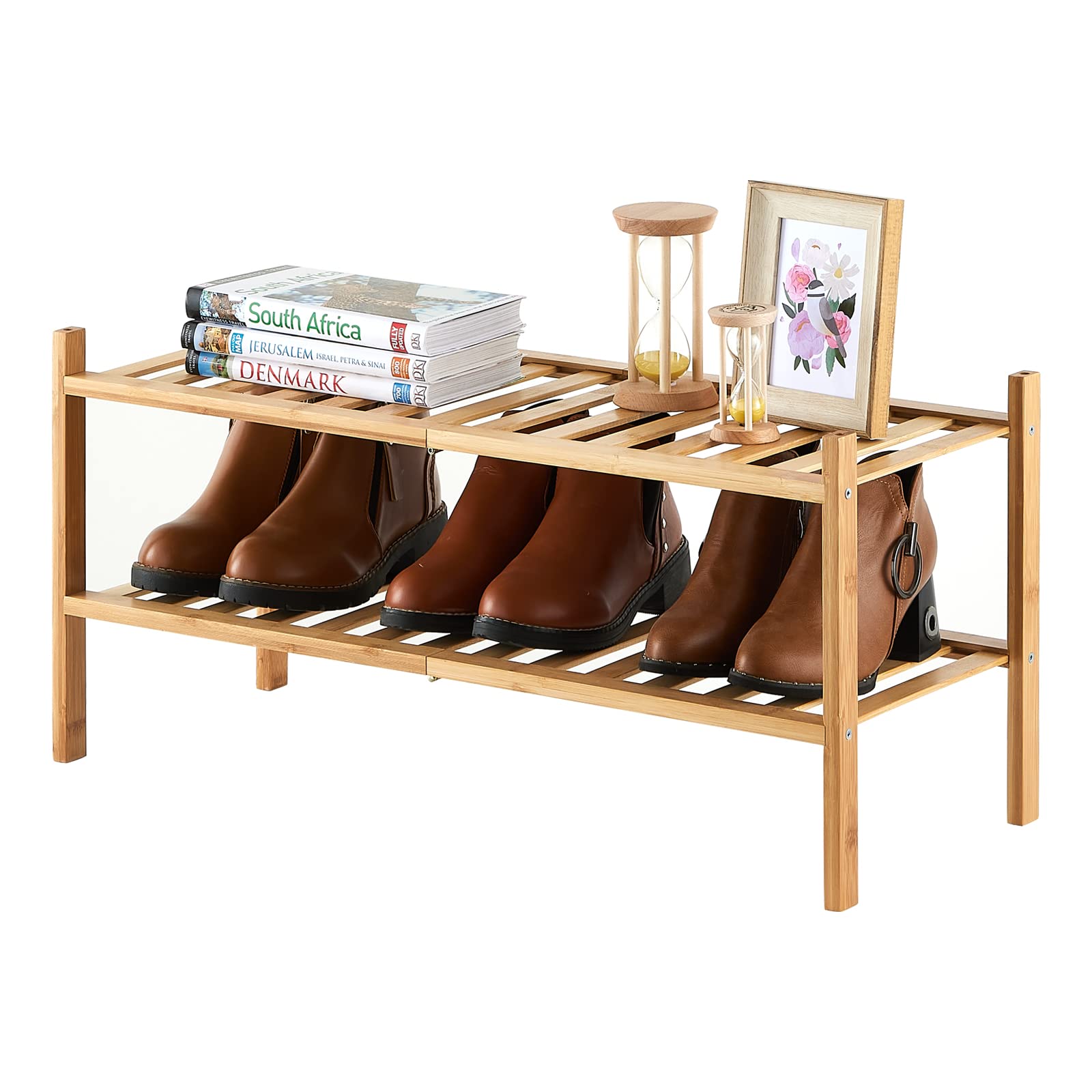 Photo 1 of Furshus 2-Tier Bamboo Shoe Rack for Entryway, Stackable | Heavy Duty | Multi-Function, Free Standing Shoe Racks for Bedroom Hallway Closet