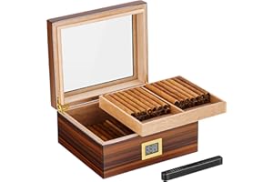Somduy Cigar Humidor for 30-50 Cigars with Humidifier and Hygrometer,Desktop Cedar Wood Cigar Box Storage Case with Divider, Glass Top, Gift for Men (Brown)