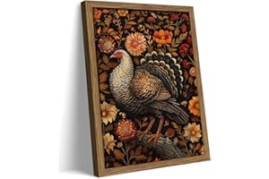 AKWISH Framed Vintage Turkey 3D Textures Wall Art – Fall Floral Thanksgiving Wall Decor, Rustic Autumn Harvest Bird Artwork Painting for Living Room Kitchen Dining Room – 12x16in