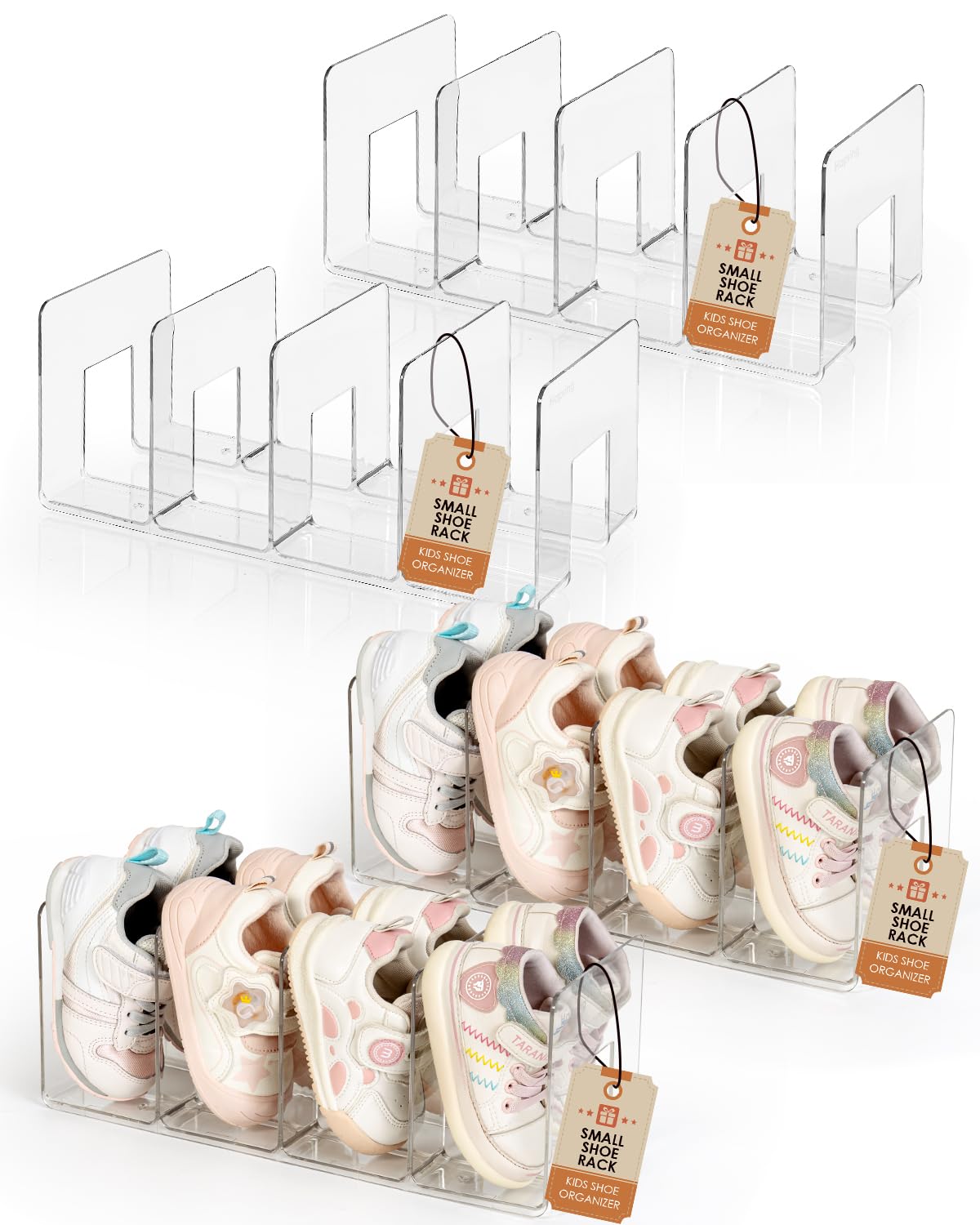Photo 1 of Hpring 4 Pack Upgraded Clear Acrylic Kids Shoe Rack for Toddler & Baby, 4 Sections kids shoe organizer Have Enough Space, Sturdy Shoe Shelf & Multi-Use Desk File Sorter Book Purse Organizer (Clear)