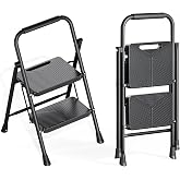 KINGRACK 2 Step Ladder, Portable Folding Ladder with Anti-Slip Pedals | Heavy Sturdy Steel Step Stool for Multi-Purpose, Home, Kitchen, Handrail, Safe-Lock Design, Pass 500lbs Load Testing, Black