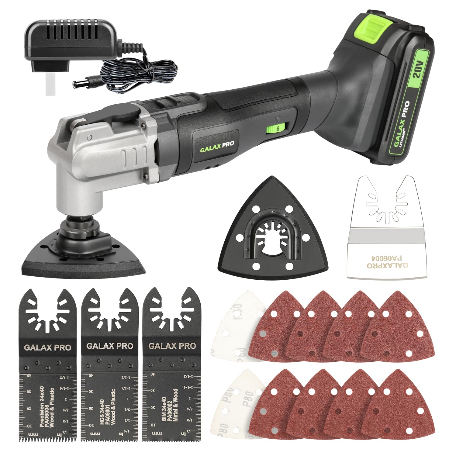 Photo 1 of ***MISSING PARTS***
GALAX PRO Power Oscillating Tool, Cordless Oscillating Multi Tool 20V Lithium Ion with 2.0Ah Battery and Charger, 3pcs Blade and 10pcs Sanding Papers for Sanding, Grinding