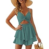 AGERWAY Women's Jumpsuit Sexy V Neck Twist Spaghetti Straps Double Layer Ruffle Hem Mini Short Romper