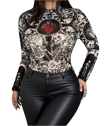 SOLY HUX Women's Plus Size Gothic Sheer Mesh Graphic Tees Long