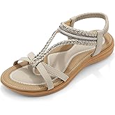 UBFEN Womens Bohemian Flat Sandals With Back Strap Summer Beach Comfortable Bling