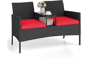 HAPPYGRILL Outdoor Rattan Loveseat, 2-Seat Patio Conversation Set with Built-in Coffee Table, Cushions, Wicker Bench Furniture for Backyard, Garden, Balcony, Porch (Red)