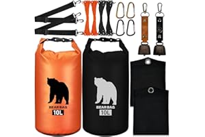 2 Pcs 10L Waterproof Bear Bags with 4 Nylon Ropes, 4 Clips & 2 Rock Pockets & 2 Small Warning Bells for Hanging Food securely