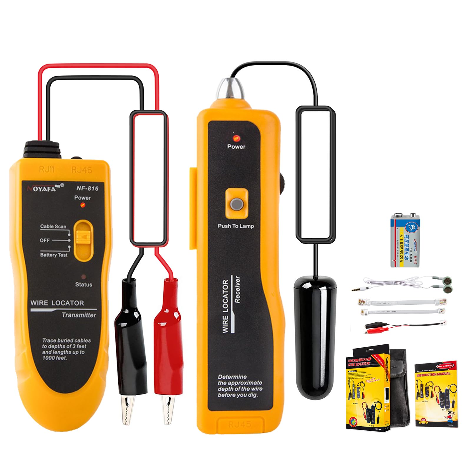 NOYAFA Underground Cable Wire Locator Locate Pet Fence Wires, Metal Pipes, Electrical Wires, Telephone Wire, Coax Cable with Earphone (816)