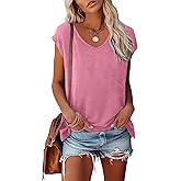 BLACKMYTH Women's Summer V-Neck T-Shirts Cap Sleeve Tees Solid Color Casual Basic Tops