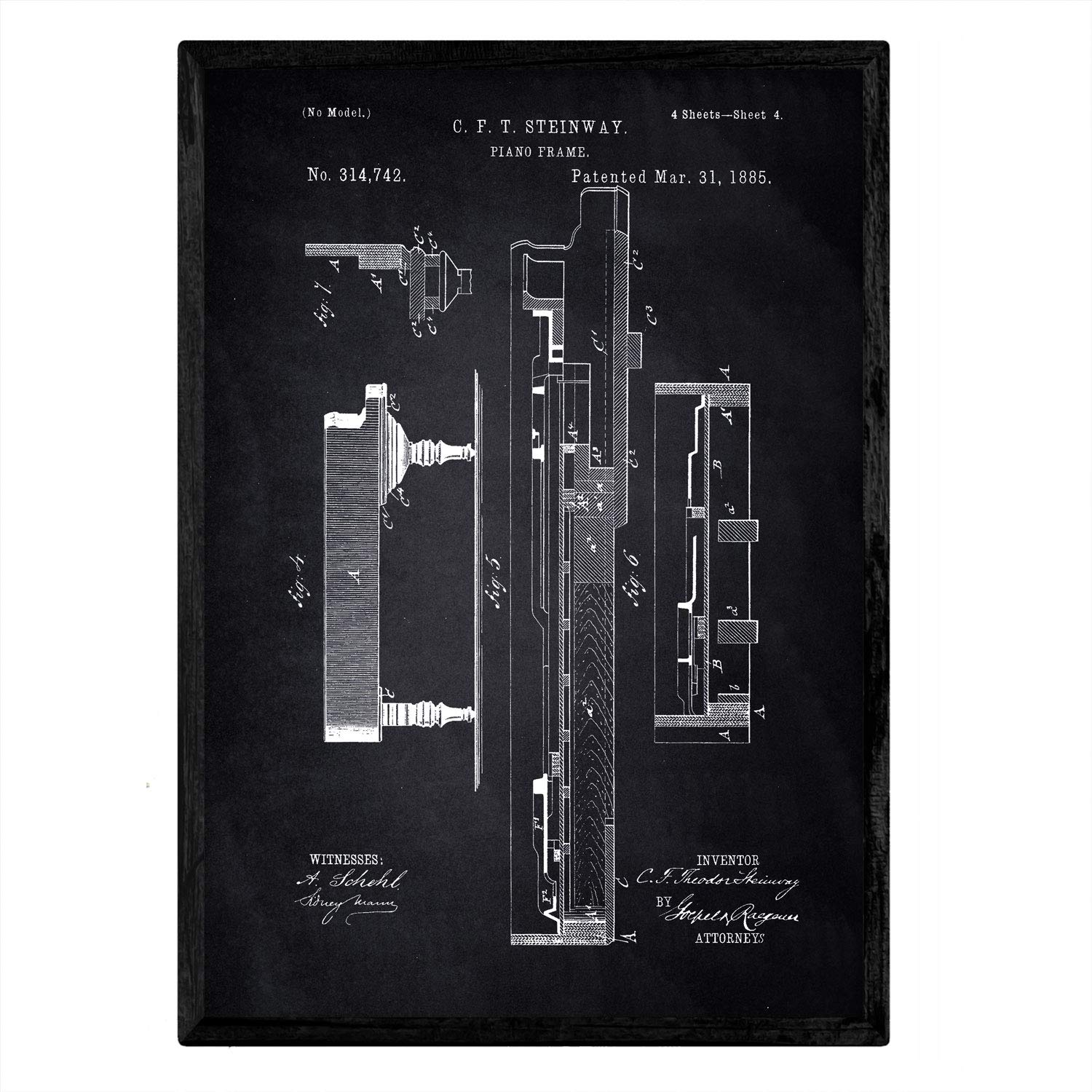 Nacnic Poster patent Piano 3. Foil with old design patent in A3 size with black background