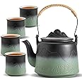 ZENS Vintage Japanese Tea Set with 4 Tea Cups, 33.8 oz Embossed Ceramic Loose Leaf Teapot with Built-in Strainers for Tea Steeper, Hemp Rope Handle Gradient Japanese Tea Pot for Tea Lovers Gifts