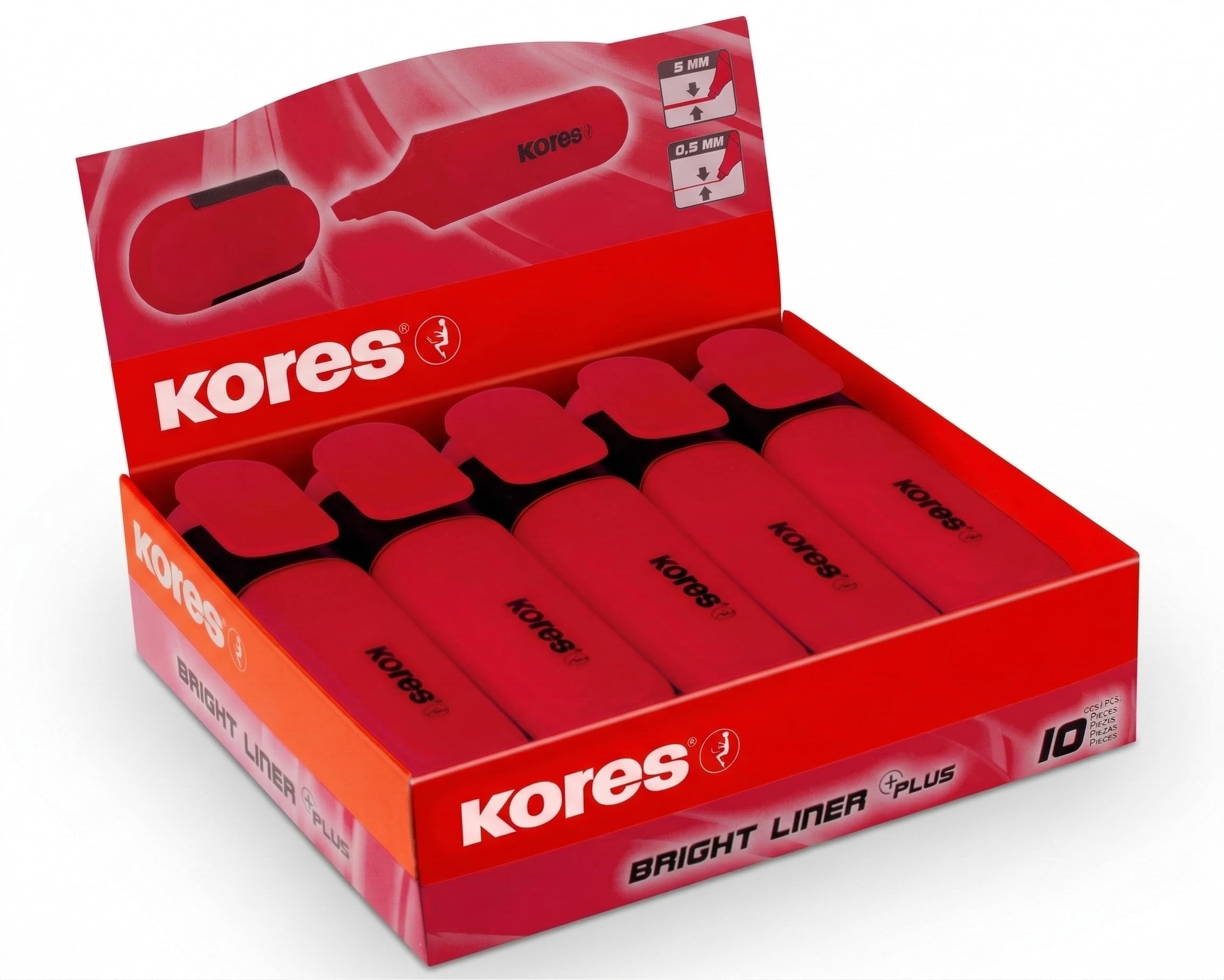 Kores - Red Highlighter Pen - Bright Liner Plus, Chisel Tip, Universal Water Based-Ink Highlighter Pen with Ergonomic Shape - Stationery School Supplies, Office Supplies - Pack of 10
