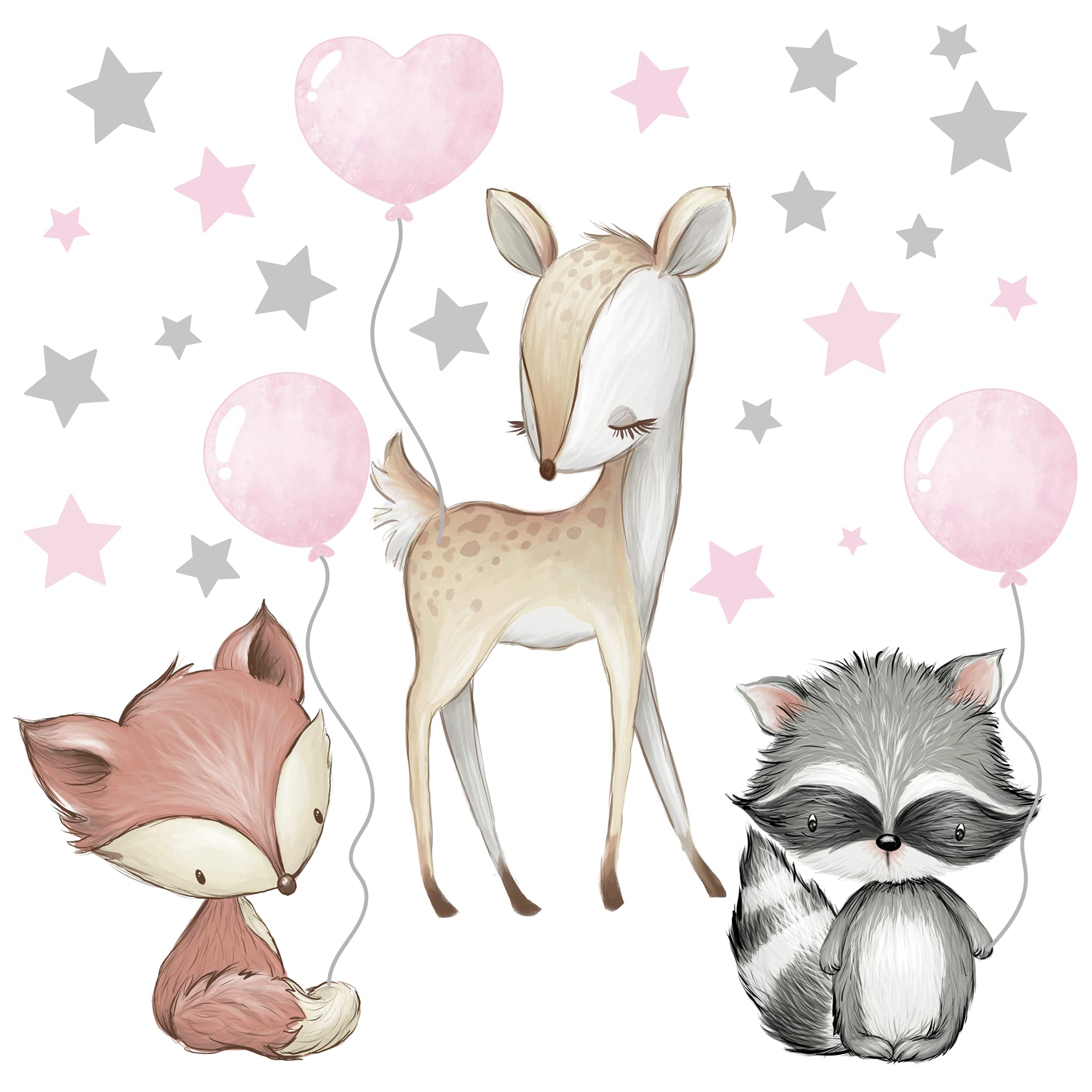 Pandawal Wall Tattoo Forest Animals with Balloon Stars Animals Wall Sticker Nursery Decoration Murals Baby Deer Fox Raccoon Pink