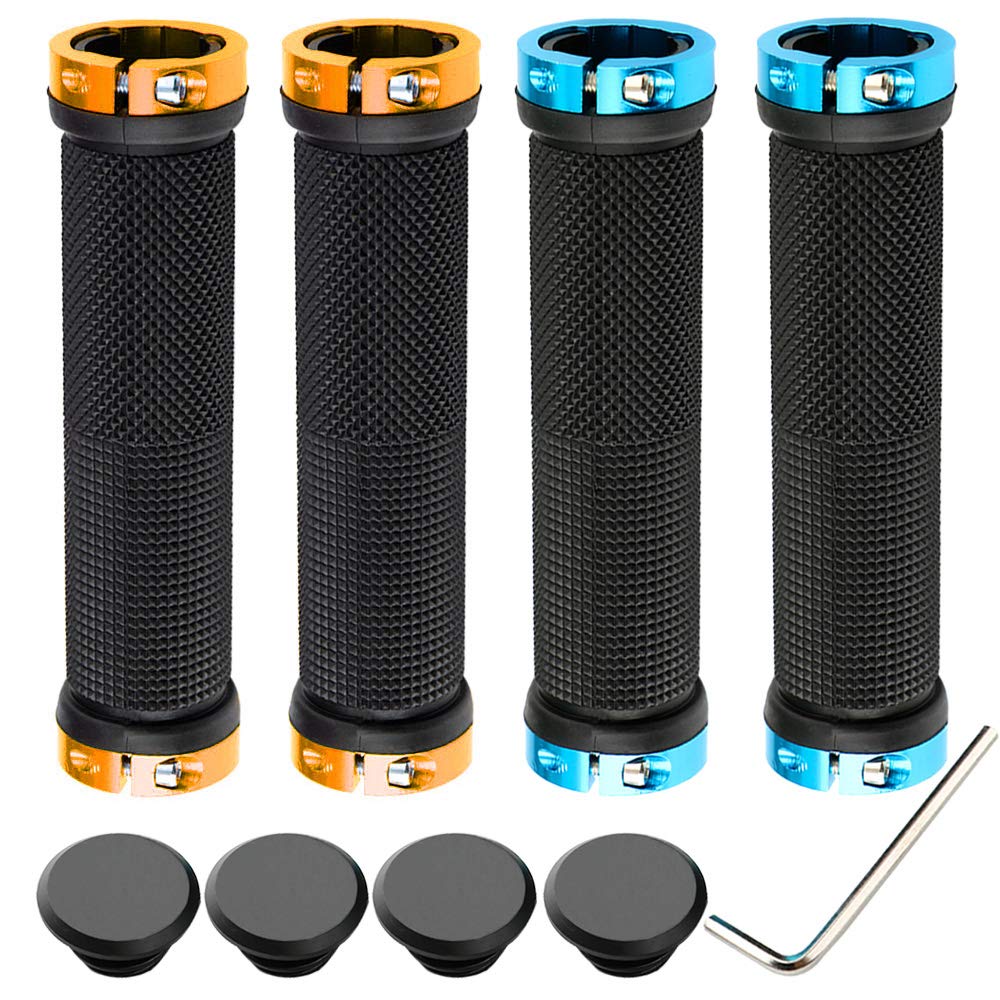 QitinDasen 2 Pairs Bike Handlebar Grips, Non-Slip Rubber Bicycle Handle Grips with Aluminum Double Lock, Bike Handle Protector for MTB BMX (Golden + Blue)