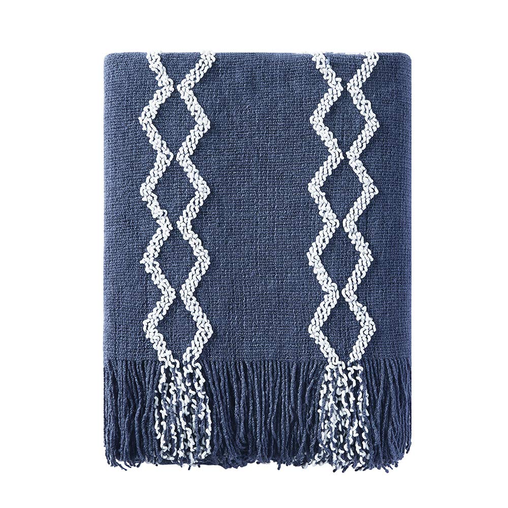 BOURINA Fluffy Chenille Knitted Fringe Throw Blanket, Lightweight Soft Cozy for Bed Sofa Chair,Navy,127x152cm