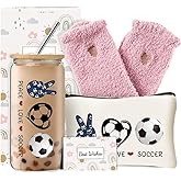 DHQH Soccer Gifts for Women, Birthday Gifts for Soccer Lover,16oz Glass Cup Set with Cosmetic Bag