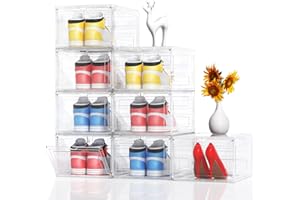 HAOMSJ XL Large 8 Pack Shoe Storage Organizer Clear Plastic Boxes Stackable Thicken Material Easy to Assemble Fit Sneaker Storage Size 12 13 14,Plastic Shoe Storage Organizer for Closet with Lids and Door