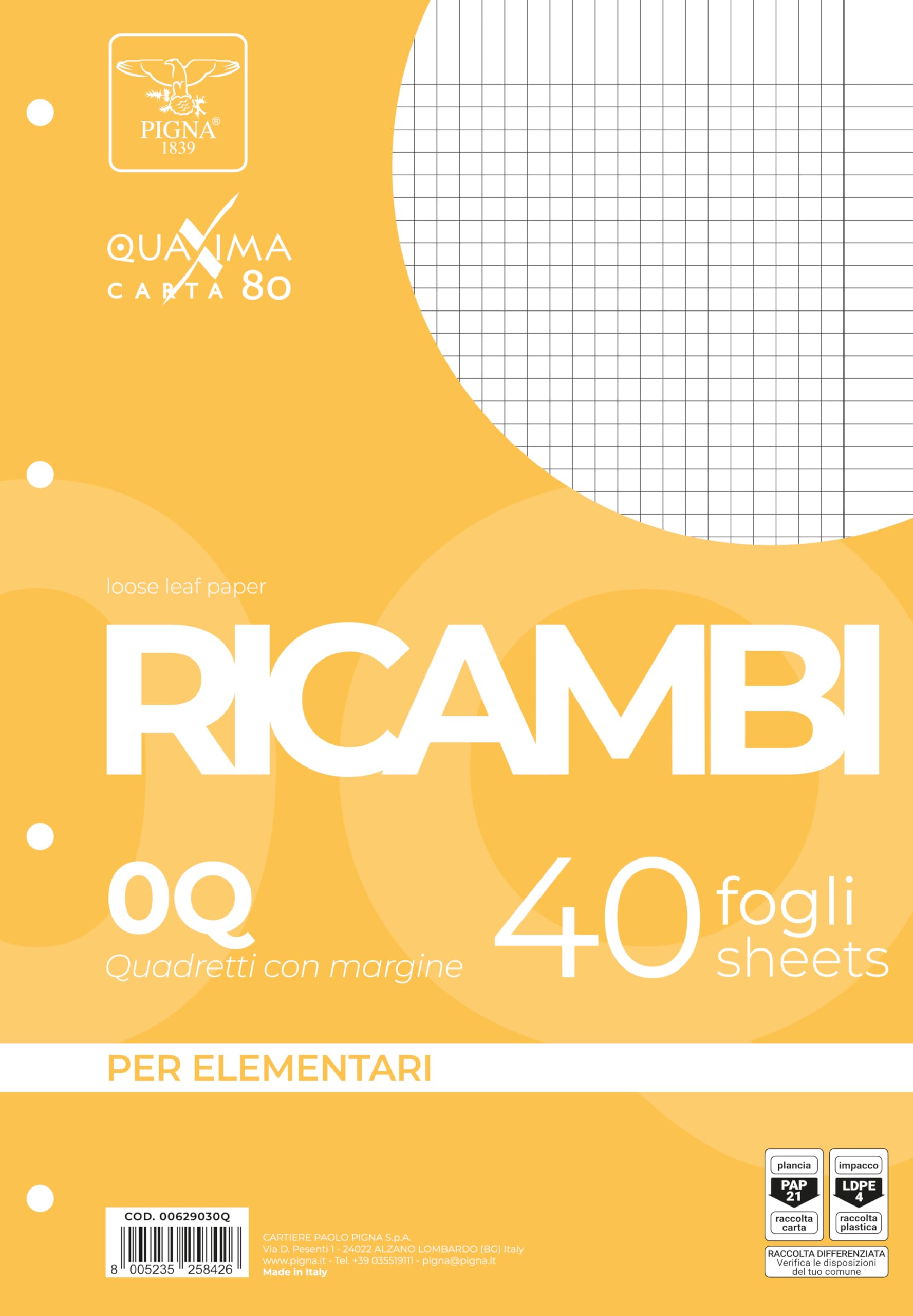 Pigna, Pack of 40 Spare Parts with 4 Holes for Filing, F..to A4 Sheets, 21 x 29.7, Sheets with Holes Without Reinforcement, 0Q, 5 mm Squares with Margin