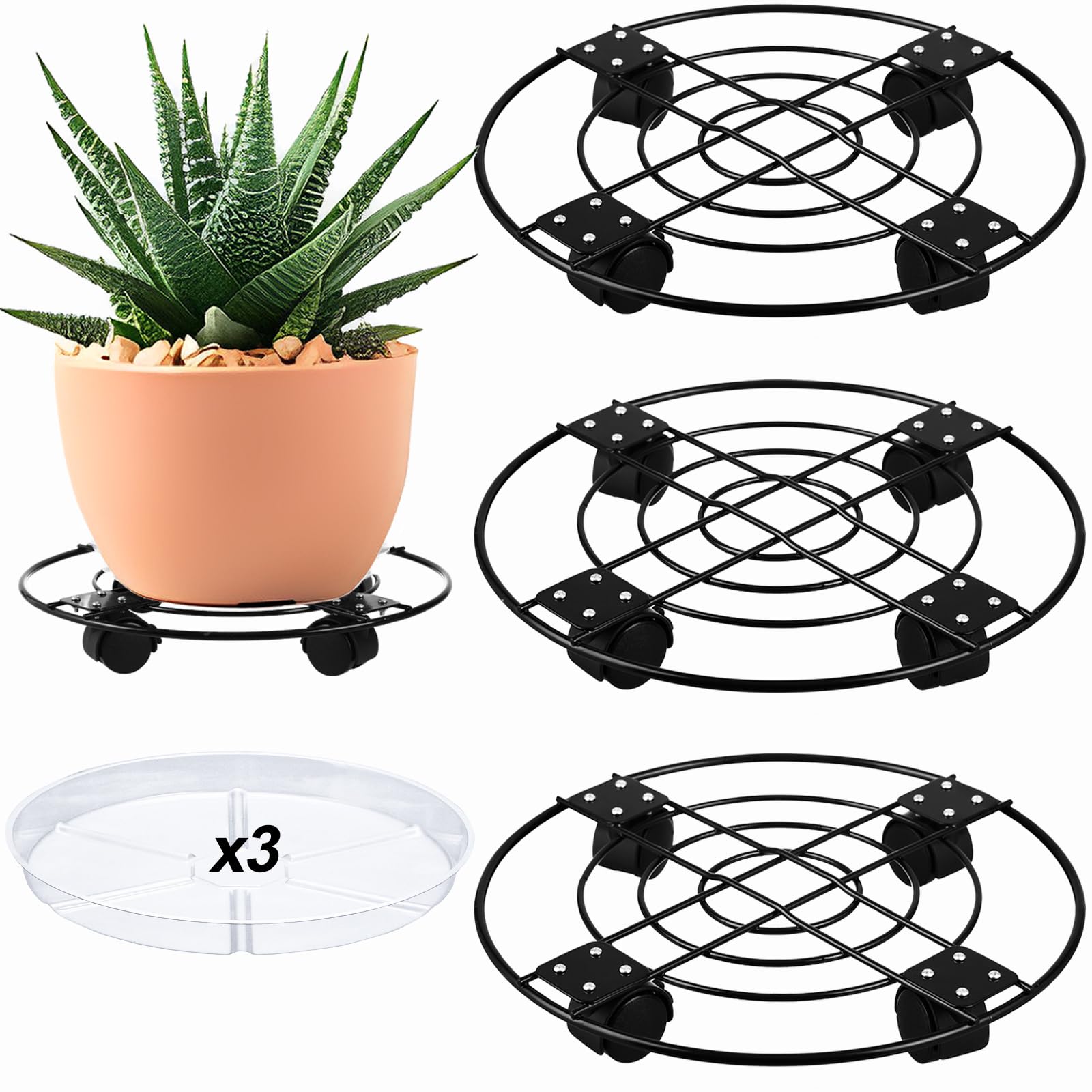 Photo 1 of 3 Packs Large Metal Plant Caddy 13” Plant Dolly with Casters Heavy Duty Wrought Iron Rolling Plant Stand with Wheels for Indoor and Outdoor Plant Pot Rollers Black, Plastic Saucers Included