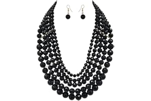 JHWZAIY 5 Layered Beaded Statement Chunky Necklaces For Women - Multi Strand Colorful Bead Layered Bib Necklace For Women Fashion Jewelry Costume Earring Set