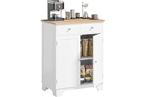 HOMCOM Sideboard Buffet Cabinet with Solid Wood Countertop, Modern Kitchen Storage Cabinet, Coffee Bar Cabinet with 2 Drawers, Doors and Adjustable Shelf, White