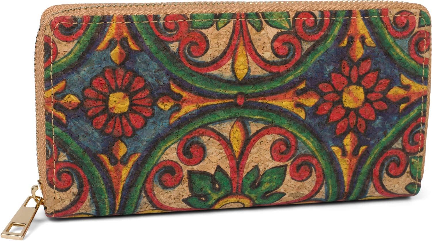 styleBREAKER Women's Cork Wallet with Colourful Pattern Print in Ethnic Look, Zipper, Wallet 02040138, Colour:Red-Green-Blue-Yellow