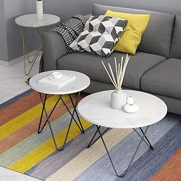 Amazon Com Modern Round Coffee Table Faux Marble Black Metal Legs Living Room Accent Furniture Tea Table 60x60x40cm 40x40x45cm Furniture Decor