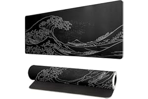 Japanese Sea Wave Large Mouse Pad, Anime Black Gaming, Extended Kanagawa Mat Desk Pad, 3mm Thick Long Non-Slip Rubber Base Mi