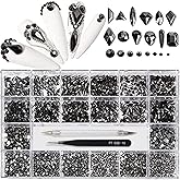 Yzzseven 12 Types of Mine Black 600 Diamonds + 2500 Flat Rhinestones Mix 20 Styles Flatback DIY Crafts Rhinestone Crystals 3D Decorations Flat Back Stones Set +Tweezers + Drill Pen