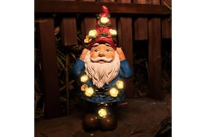 Ovewios Garden Gnome Statue, Large Funny Garden Sculptures & Statues Flowers Decorations with Solar LED Light Resin Outdoor Statues for Outdoor Patio Lawn Porch Yard Ornaments