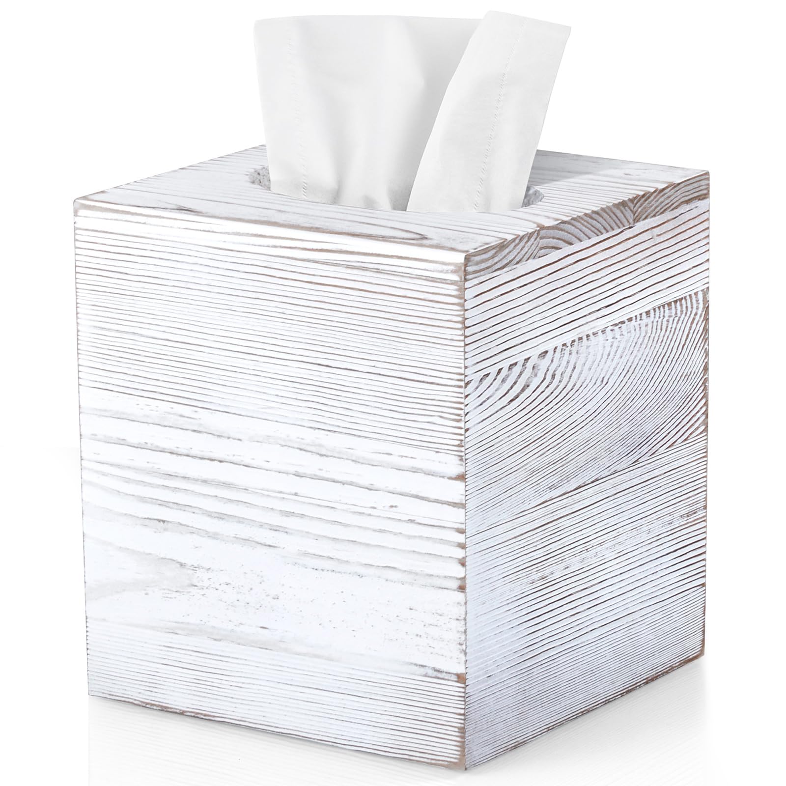 ALELION Rustic Tissue Box Cover Square - Thick Wooden Tissue Box Holder for Tabletop Night Stands Bathroom Office - Decorative White Facial Cube Tissue Box Cover