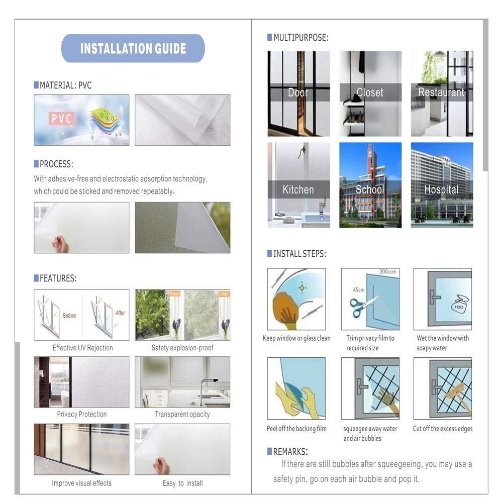 Xindinyi Frosted Static Cling Privacy Window Film with Self Adhesive For UV Blocking Heat Control Glass for Office Car School Home Bathroom Kitchen (17.3\