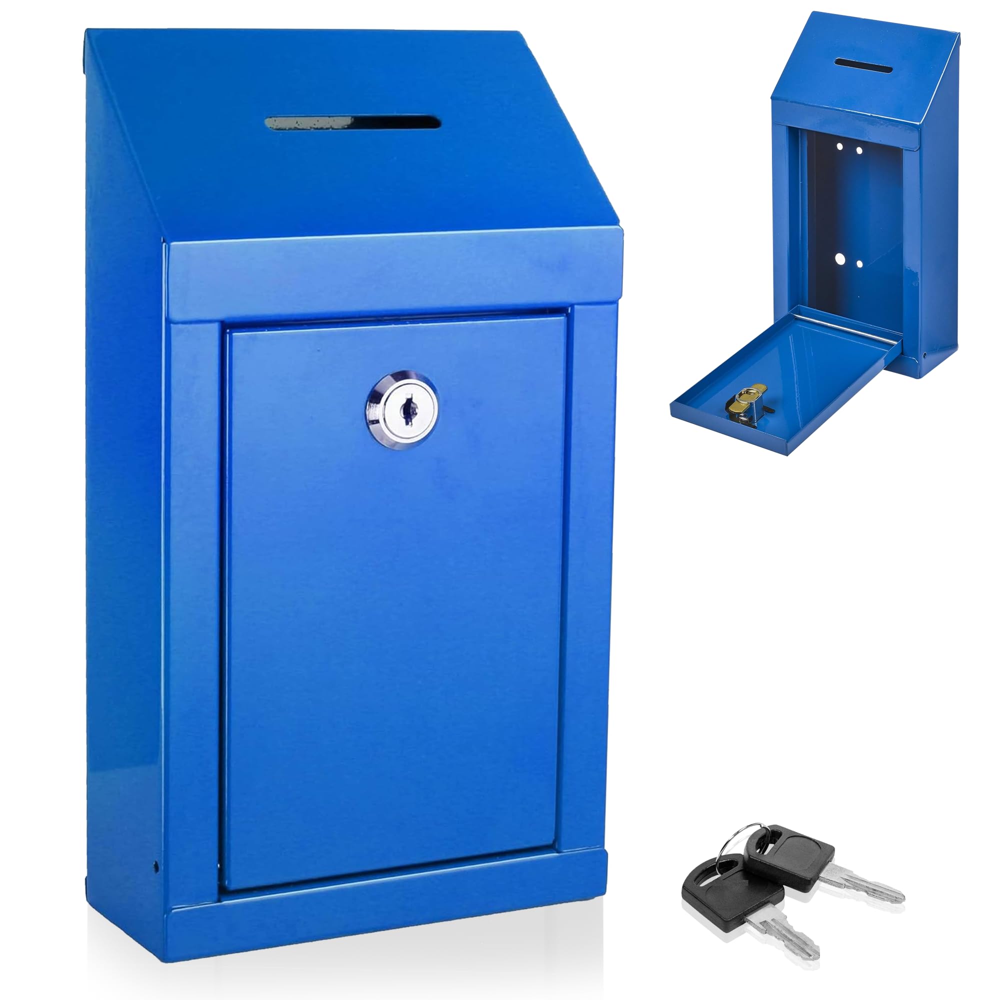 Metal Easy Wall Mounting or CounterTop Charity Donation Collection Box Secure Suggestion and Ballot Box With Top Coin Slot, Lock Included with 2 Keys (Black)