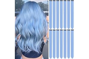 LADYAMZ Colored Hair Extensions 14 PCS, 22 In Baby Blue Clip in Hair Extensions Party Highlights, Light Blue Synthetic Hairpieces for Girls Women Kids Gift(Haze Blue)