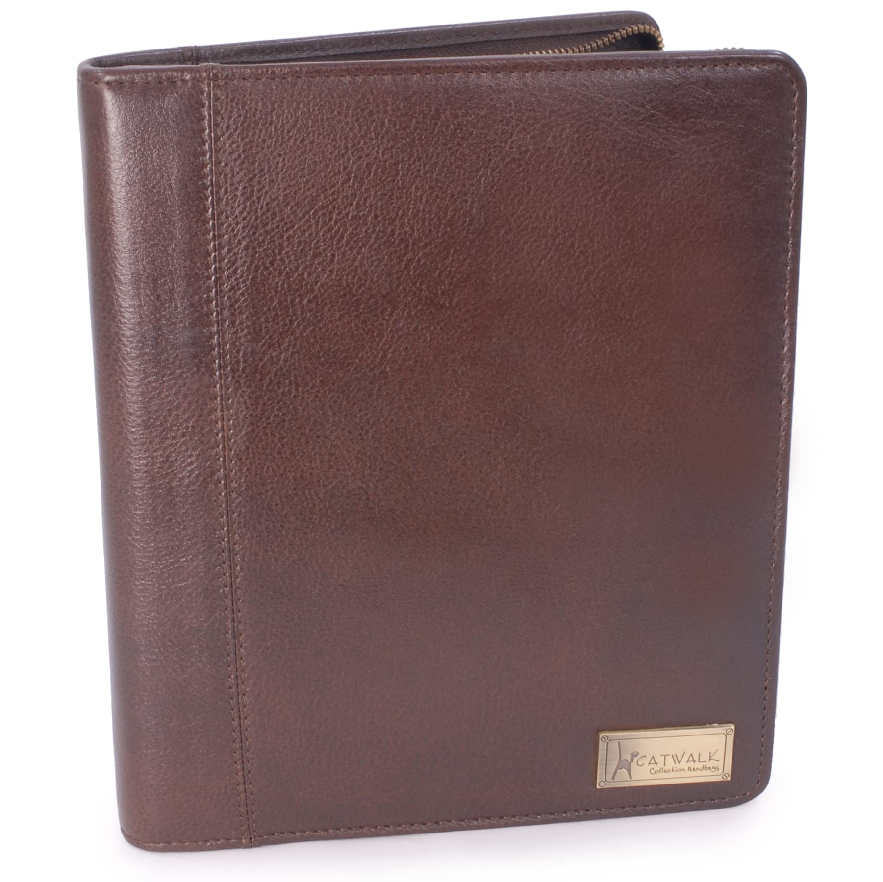 Catwalk Collection Handbags - Women's Leather A5 Conference Folder - Zip Travel Document Holder - Fits Tablet and Business Cards - Angela - Brown