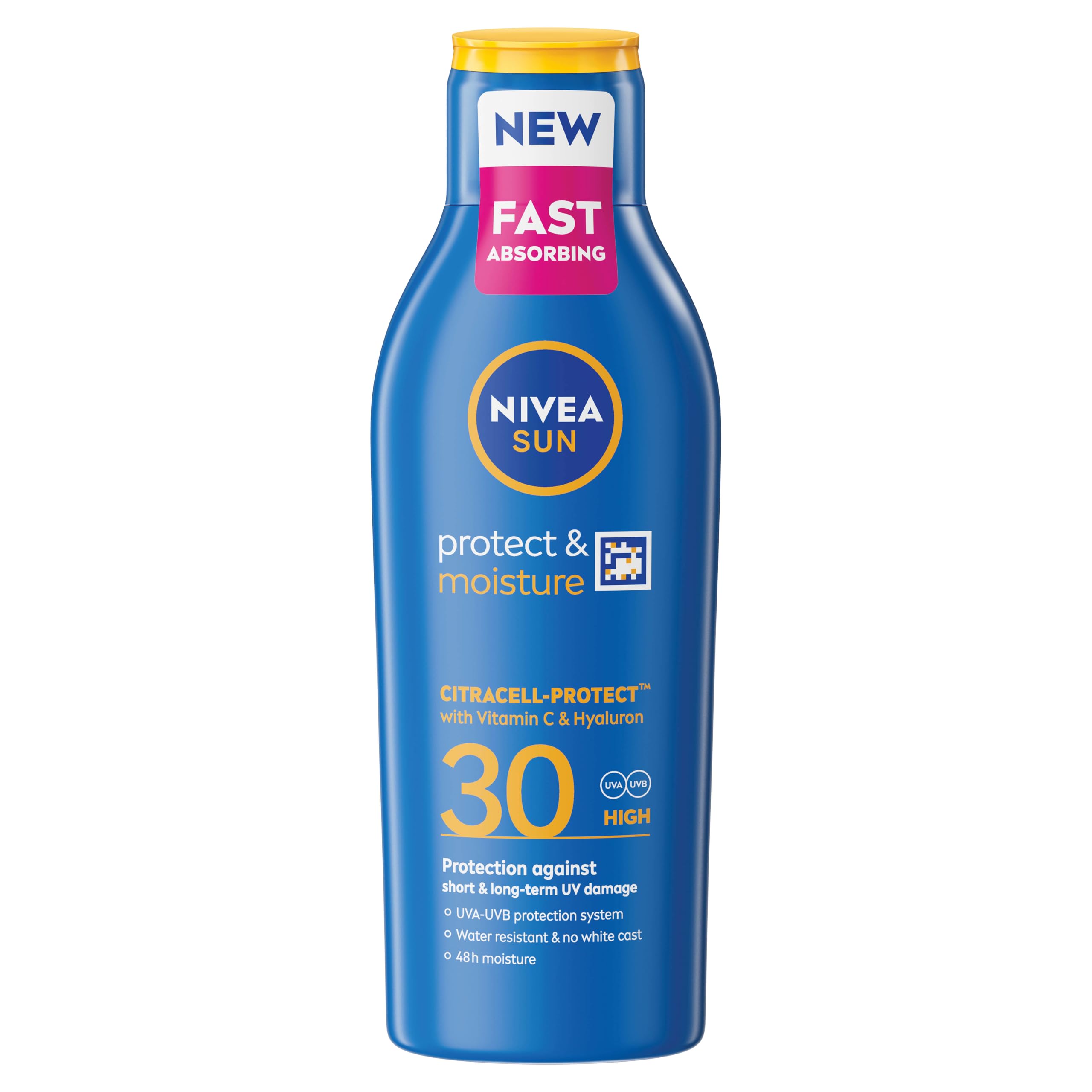 NIVEA SUN Protect & Moisture Sun Lotion SPF 30 (200 ml), Suncream with Vitamin C and Hyaluron, Provides 48H Moisture & Immediate UVA & UVB Protection, Fast-Absorbing No White Cast Formula