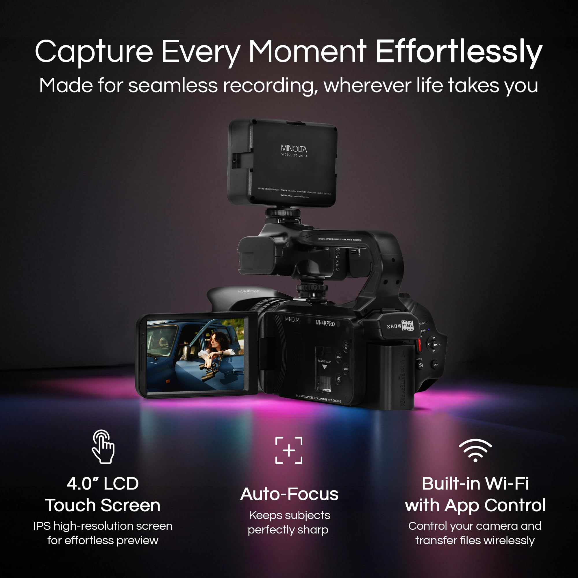 Minolta 64MP Autofocus Video Camera with Microphone & Video Light, 4