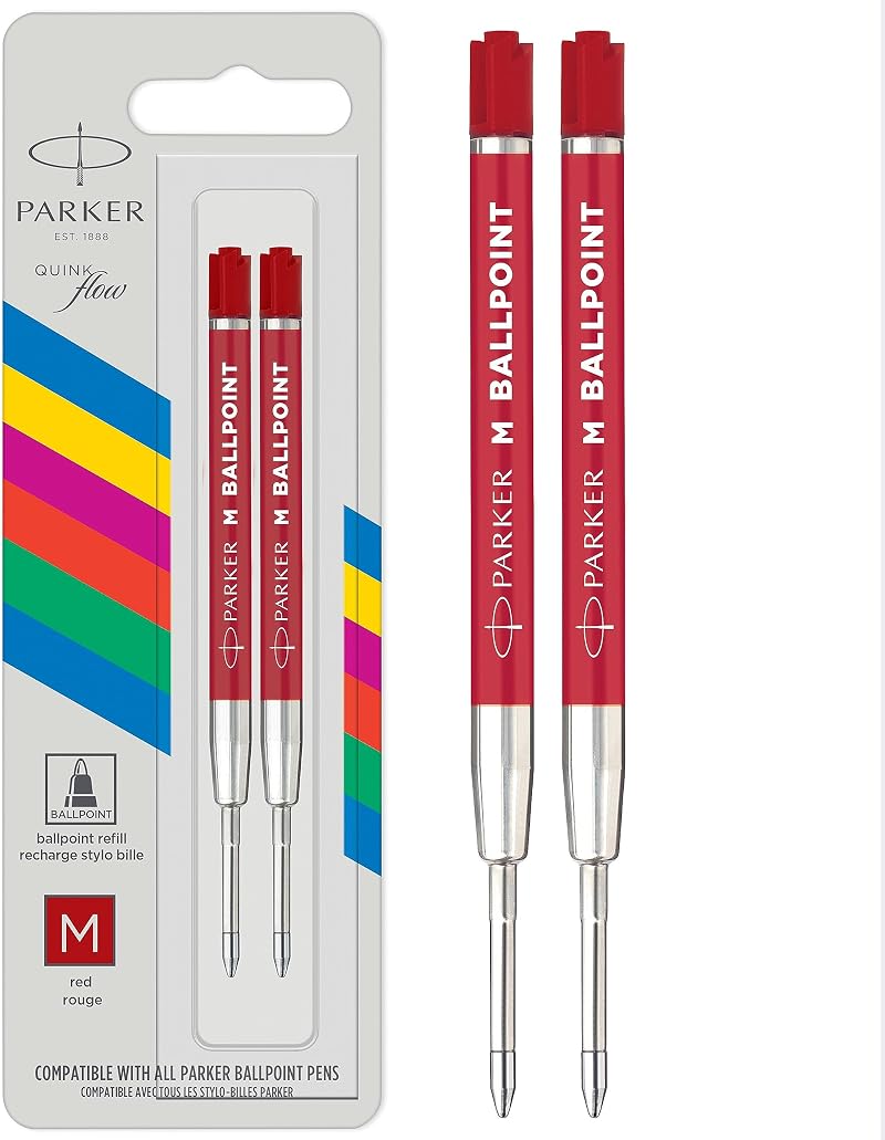 Parker Ballpoint Pen Refill Medium Tip Red QUINKflow Ink 2 Count