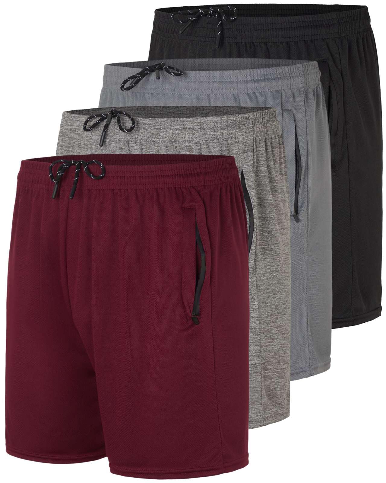 Photo 1 of Real Essentials 4 Pack: Men's Mesh 5" Athletic Zipper Shorts Workout Gym Running Basketball (5 Inch Set 3, Black, Burgundy, Charcoal, Grey - XL - Standard)